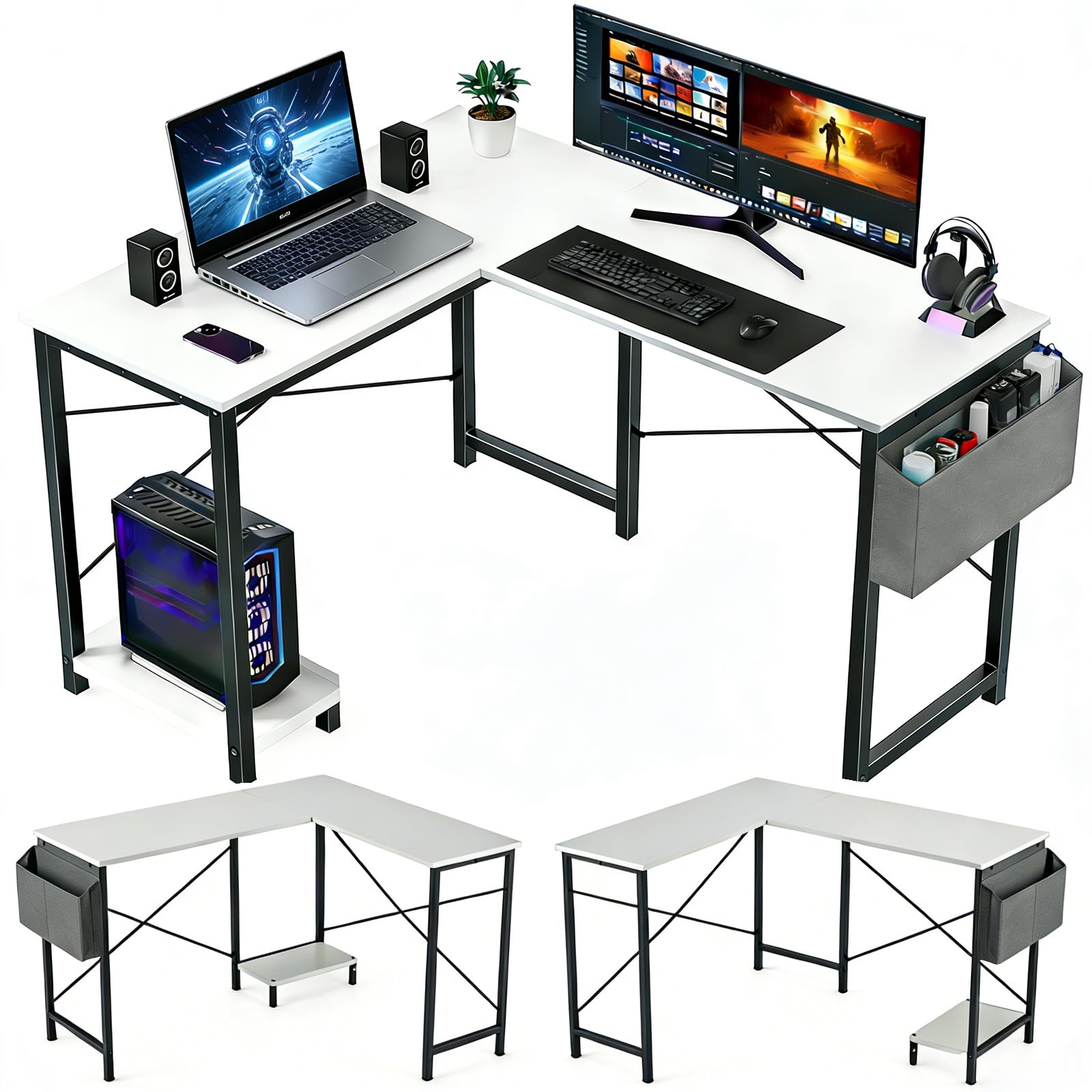 L Shaped Desk, 50 Inch Reversible Computer Desk Corner Gaming Table with CPU Stand & Storage Bag, Sturdy Metal Frame PC Workstation for Home Office, Black Wood