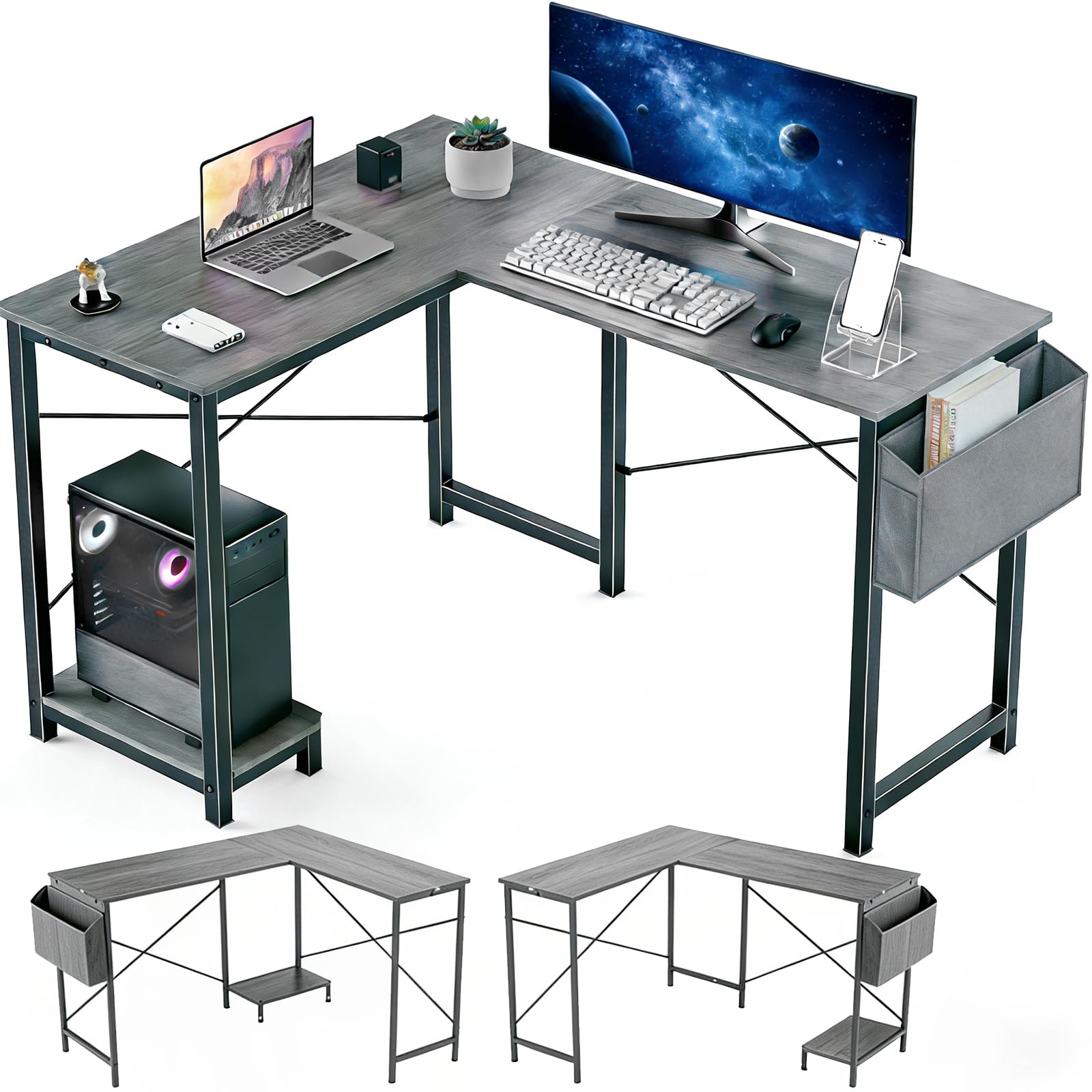 L Shaped Desk, 50 Inch Reversible Computer Desk Corner Gaming Table with CPU Stand & Storage Bag, Sturdy Metal Frame PC Workstation for Home Office, Black Wood