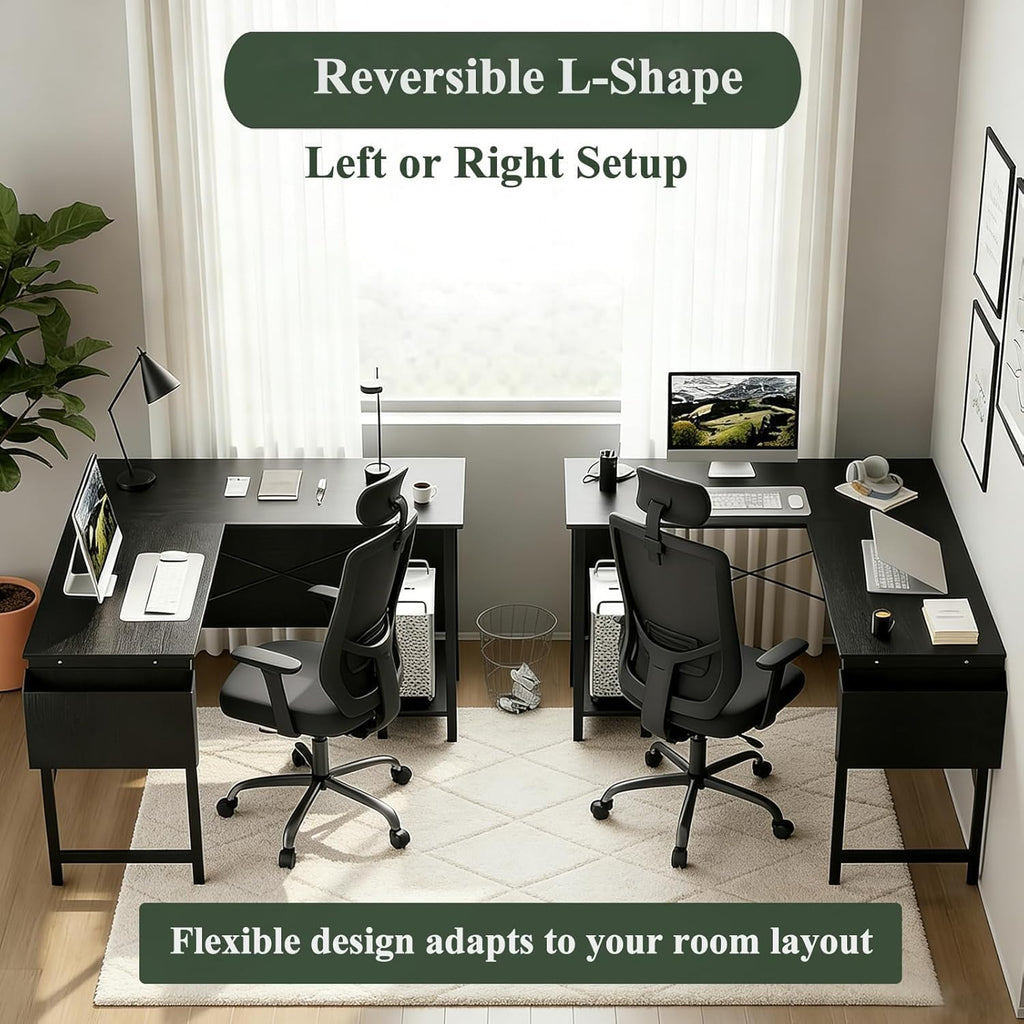L Shaped Desk, 50 Inch Reversible Computer Desk Corner Gaming Table with CPU Stand & Storage Bag, Sturdy Metal Frame PC Workstation for Home Office, Black Wood