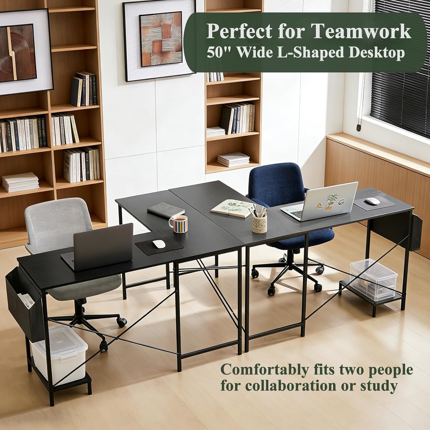 L Shaped Desk, 50 Inch Reversible Computer Desk Corner Gaming Table with CPU Stand & Storage Bag, Sturdy Metal Frame PC Workstation for Home Office, Black Wood