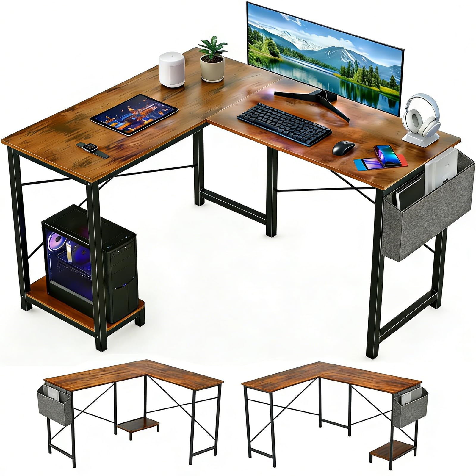 L Shaped Desk, 50 Inch Reversible Computer Desk Corner Gaming Table with CPU Stand & Storage Bag, Sturdy Metal Frame PC Workstation for Home Office, Black Wood