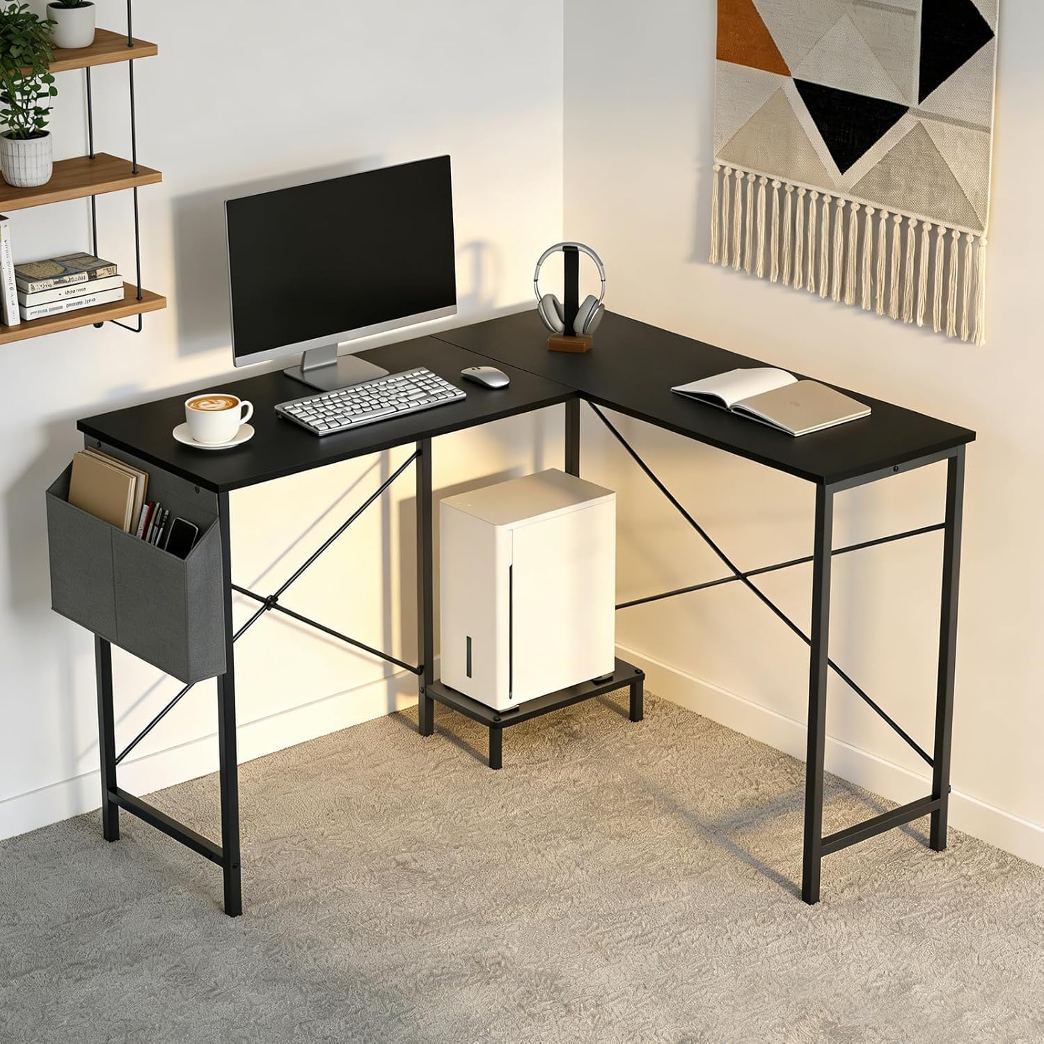 L Shaped Desk, 50 Inch Reversible Computer Desk Corner Gaming Table with CPU Stand & Storage Bag, Sturdy Metal Frame PC Workstation for Home Office, Black Wood