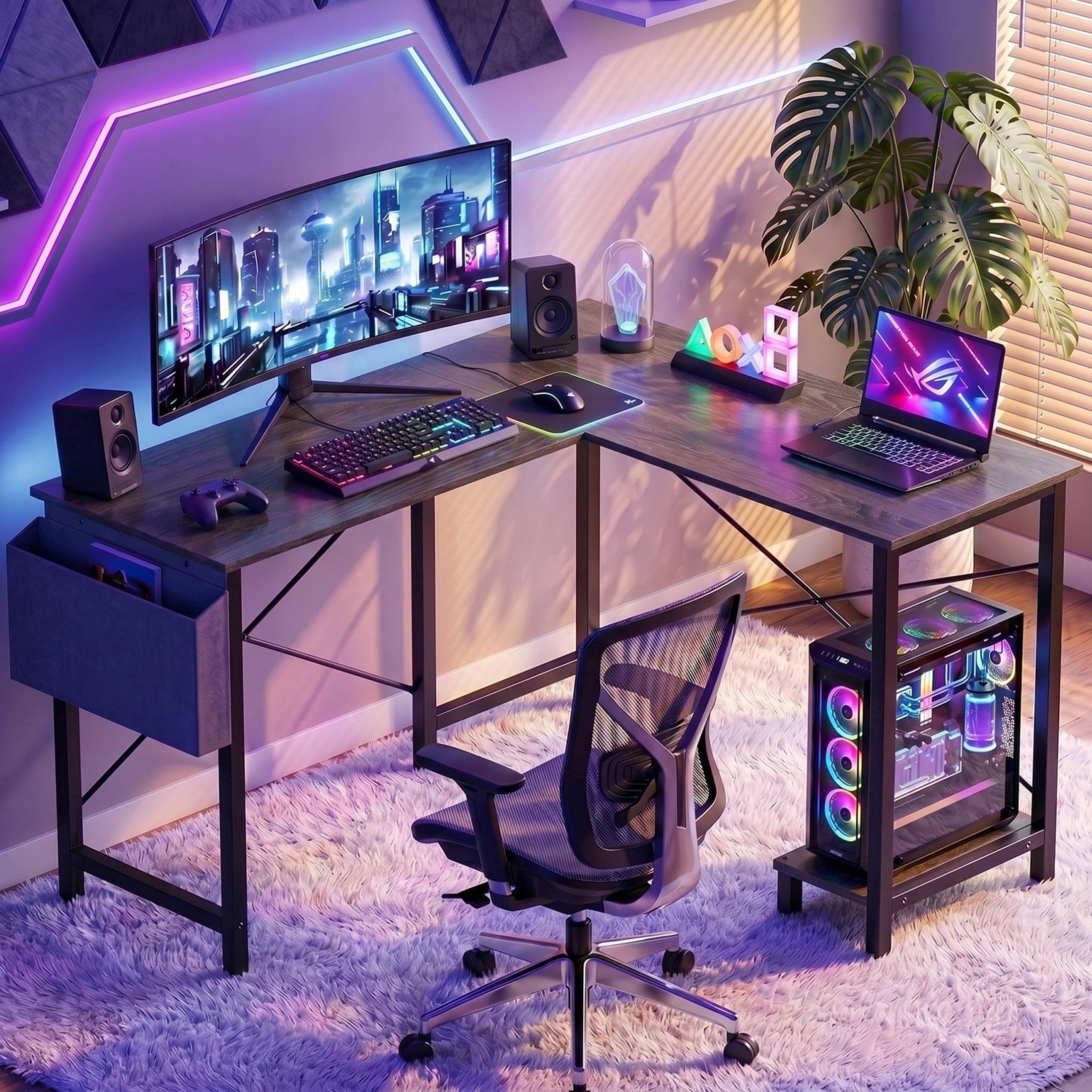 CONCETTA 49in Reversible L Shaped Computer Desk with Storage, Coner Desk with Wooden Desktop, CPU Stand and Side Bag for Home Office & Gaming, Black