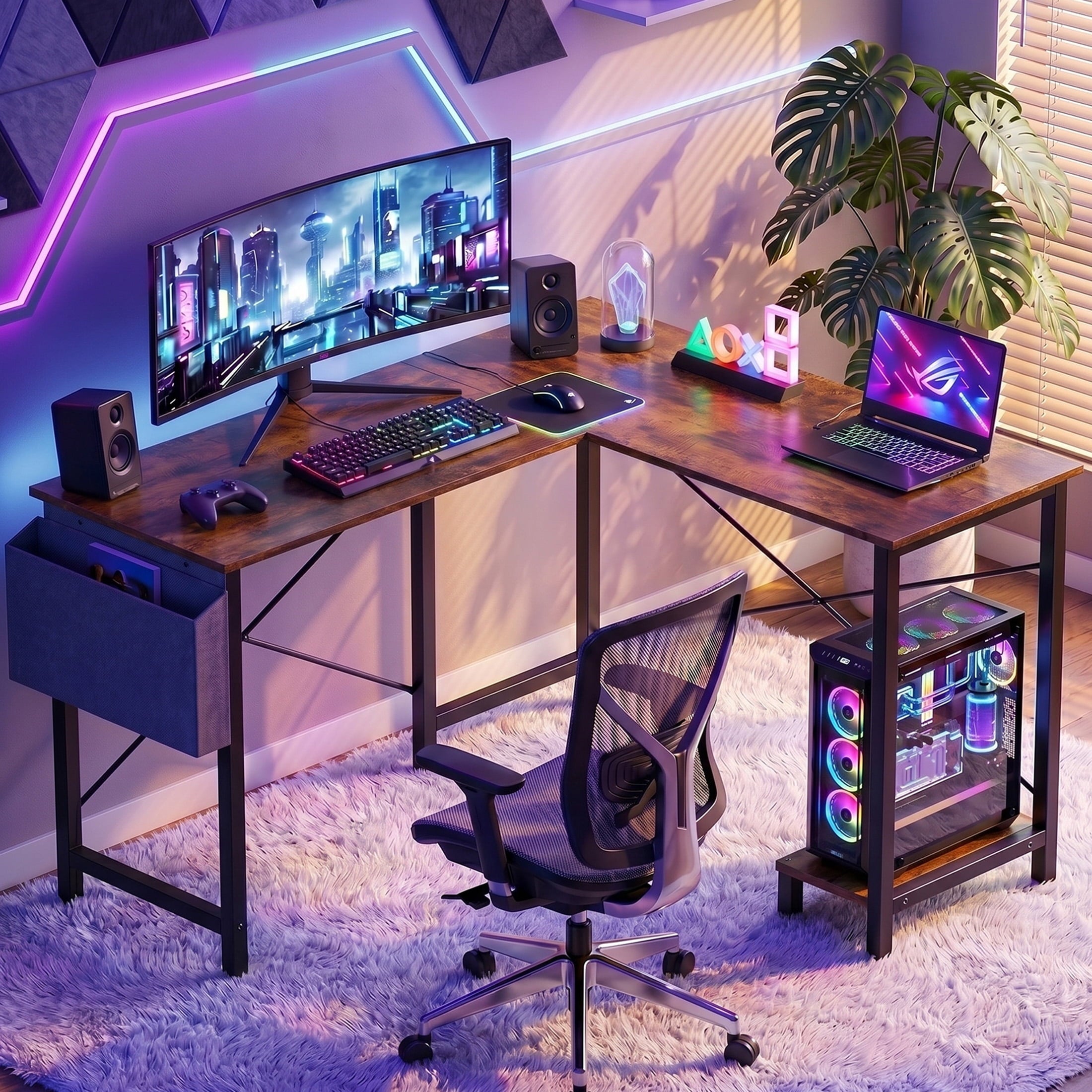 CONCETTA 49in Reversible L Shaped Computer Desk with Storage, Coner Desk with Wooden Desktop, CPU Stand and Side Bag for Home Office & Gaming, Black