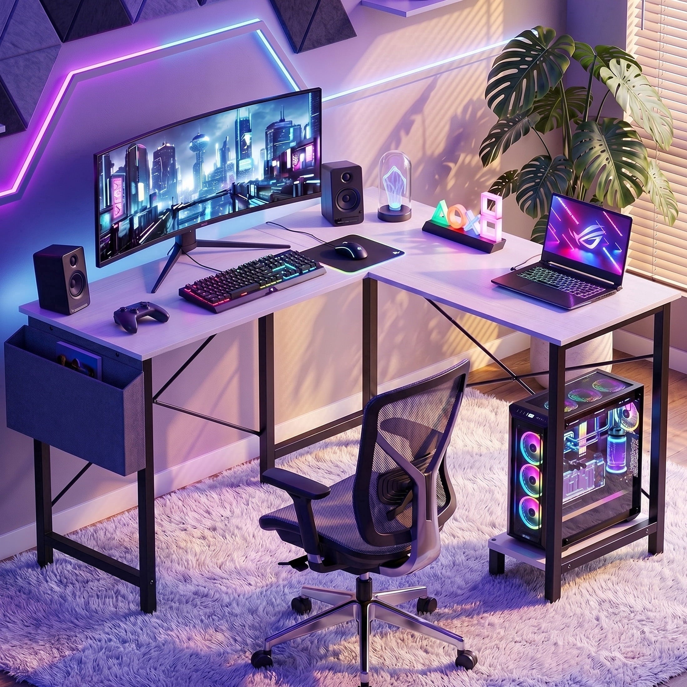 CONCETTA 49in Reversible L Shaped Computer Desk with Storage, Coner Desk with Wooden Desktop, CPU Stand and Side Bag for Home Office & Gaming, Black